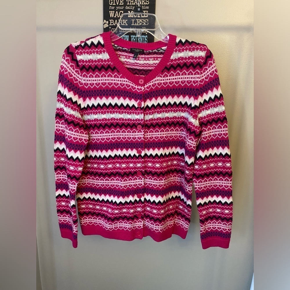 Talbots pink Fair Isle Nordic wool blend sweater cardigan